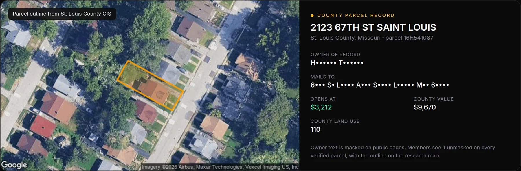 Aerial view with one delinquent parcel outlined in orange, beside the county parcel record with the owner name masked